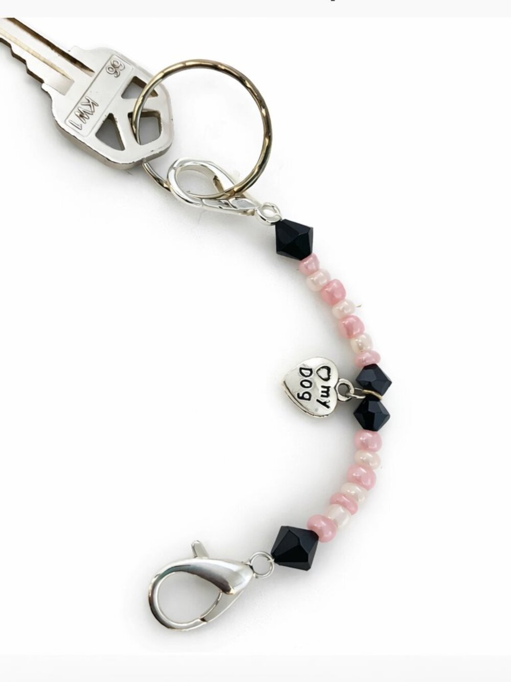Dog Lover Beaded Key Keeper • Pink & Black Bead Charm • “My Dog” Heart Pendant